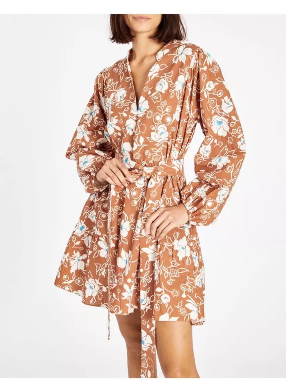Tanya Taylor Rust Floral Mini Dress with White & Blue Accents
